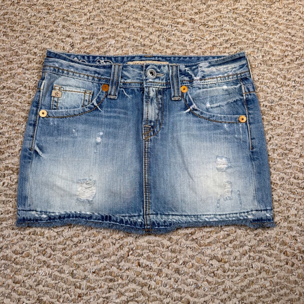 Big Star Jade Denim Mini Skirt Distressed Embroidered Y2K Light Wash Size 26